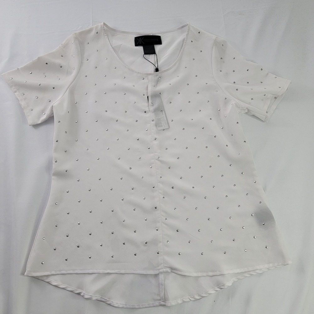 Kardashian Kollection White Silver Stud Shirt‎ Size L Blouse NWT semi sheer